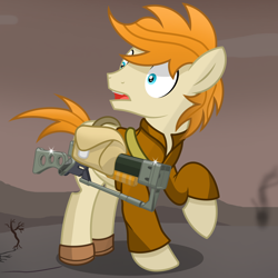 Size: 3000x3000 | Tagged: safe, artist:pizzamovies, imported from derpibooru, oc, oc only, oc:pizzamovies, earth pony, pony, fallout equestria, aer-14, aer-14 prototype, battle saddle, clothes, earth pony oc, high res, laser rifle, looking at something, male, solo, stallion, wasteland