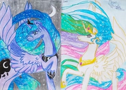 Size: 1080x769 | Tagged: safe, artist:luna.queex, imported from derpibooru, princess celestia, princess luna, alicorn, pony, duo, ethereal mane, hoof shoes, horn, jewelry, peytral, raised hoof, starry mane, tiara, traditional art, wings