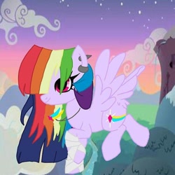 Size: 640x640 | Tagged: safe, artist:_goddesskatie_, imported from derpibooru, oc, oc only, pegasus, pony, ear piercing, earring, female, flying, jewelry, magical lesbian spawn, mare, multicolored hair, necklace, offspring, outdoors, parent:rainbow dash, parent:twilight sparkle, parents:twidash, pegasus oc, piercing, rainbow hair, twilight (astronomy), wings
