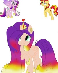 Size: 640x800 | Tagged: safe, artist:_goddesskatie_, imported from derpibooru, princess cadance, sunset shimmer, alicorn, pony, background removed, base used, ear piercing, earring, eyelashes, female, fusion, hoof shoes, horn, jewelry, mare, piercing, raised hoof, simple background, smiling, tiara, white background, wings