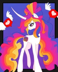 Size: 640x800 | Tagged: safe, alternate version, artist:_goddesskatie_, imported from derpibooru, pony, curved horn, eyelashes, female, heart, horn, instagram, looking back, mare, ponified, smiling, solo