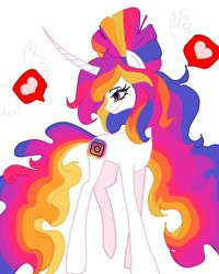 Size: 640x800 | Tagged: safe, alternate version, artist:_goddesskatie_, imported from derpibooru, pony, background removed, curved horn, eyelashes, female, heart, horn, instagram, looking back, mare, ponified, simple background, smiling, solo, white background
