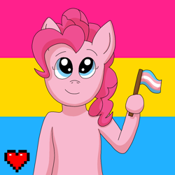 Size: 1000x1000 | Tagged: safe, artist:fruiitypieq, artist:shycookieq, imported from derpibooru, pinkie pie, earth pony, pony, bust, commission, female, flag, headcanon, heart, holding a flag, hoof hold, lgbt headcanon, mare, pride, pride flag, sexuality headcanon, smiling, solo, transgender pride flag, ych result