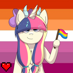 Size: 1000x1000 | Tagged: safe, artist:fruiitypieq, artist:shycookieq, imported from derpibooru, oc, oc only, pony, unicorn, bust, commission, female, flag, heart, holding a flag, hoof hold, horn, lesbian pride flag, mare, pride, pride flag, smiling, solo, unicorn oc, ych result