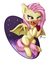 Size: 1200x1536 | Tagged: safe, artist:icy wings, imported from derpibooru, fluttershy, bat pony, pony, apple, bat ponified, flutterbat, food, race swap, simple background, solo, tail between legs, transparent background