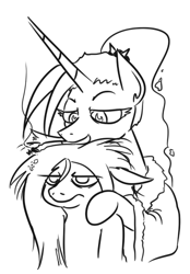 Size: 348x501 | Tagged: safe, artist:jargon scott, imported from derpibooru, imported from ponybooru, oc, oc only, oc:anon-mare, oc:dyx, alicorn, earth pony, pony, alicorn oc, ash, black and white, cigarette, duo, ears, female, floppy ears, grayscale, horn, lidded eyes, looking down, mare, monochrome, older, older dyx, open mouth, simple background, sketch, smoking, unamused, white background, wings