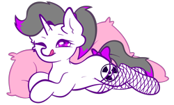 Size: 3456x2084 | Tagged: safe, artist:sb66, imported from derpibooru, oc, oc only, oc:hazel radiate, pony, unicorn, bow, commission, commissioner:biohazard, female, fishnets, high res, highlights, horn, licking, licking lips, looking at you, lying down, mare, one eye closed, pillow, ponytail, radiation sign, smiling, solo, tail bow, tongue out, unicorn oc, wink, ych result