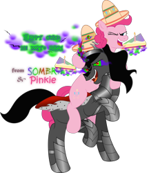 Size: 3980x4606 | Tagged: safe, artist:lincolnbrewsterfan, derpibooru exclusive, imported from derpibooru, king sombra, pinkie pie, earth pony, pony, umbrum, unicorn, .svg available, absurd resolution, armor, aura, balloon, belly button, birthday, birthday cake, birthday candle, birthday candles, bubble, cake, candle, cape, cinco de mayo, cinco de mayo 2021, clothes, colored horn, curved horn, cute, dark magic, determined smile, diapinkes, ethereal mane, ethereal tail, eye, fangs, female, flowing mane, flowing tail, food, glow, glowing, hoof around neck, hoof on head, horn, inkscape, king sombrero, levitation, lifted leg, lightning, looking at you, magic, magic aura, male, mane, mare, no base, one eye closed, pinkie pie riding sombra, pinkie pie's birthday, ponies riding ponies, prancing, raised hoof, riding, robe, royal cape, scratch (font), shipping, shoes, simple background, smiling, smiling at you, smoke, sombra eyes, sombra horn, sombradorable, sombrapie, sombrero, stallion, straight, svg, telekinesis, text, transparent background, vector, wall of tags, wink, winking at you