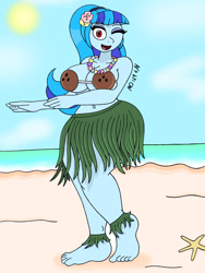 Size: 1932x2576 | Tagged: safe, artist:c_w, imported from derpibooru, sonata dusk, equestria girls, barefoot, beach, belly button, big breasts, bikini, bikini top, breasts, busty sonata dusk, cleavage, clothes, coconut, coconut bikini, eyelashes, eyeshadow, feet, flower, flower in hair, food, hips, hula, hula dance, hulanata, looking at you, makeup, one eye closed, open mouth, open smile, plump, smiling, smiling at you, swimsuit, thighs, wink, winking at you