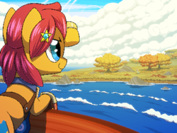 Size: 800x600 | Tagged: safe, artist:rangelost, imported from derpibooru, oc, oc only, oc:trailblazer, earth pony, pony, cyoa:d20 pony, armor, cloud, female, mare, ocean, outdoors, pixel art, ship, sky, solo, tree