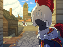 Size: 800x600 | Tagged: safe, artist:rangelost, imported from derpibooru, oc, oc only, pony, cyoa:d20 pony, armor, cloud, knight, outdoors, pixel art, sky, solo focus, standing, town