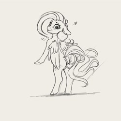 Size: 4000x4000 | Tagged: safe, artist:miokomata, imported from derpibooru, fluttershy, pegasus, semi-anthro, butt, floppy ears, flutterbutt, freckles, freckleshy, grayscale, heart, looking back, monochrome, plot, simple background, solo, white background