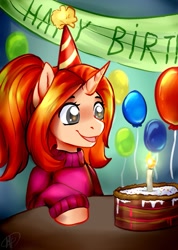 Size: 1283x1800 | Tagged: safe, artist:megabait, imported from derpibooru, oc, oc:dream, pony, unicorn, balloon, birthday, cake, candle, food, hat, party, party hat