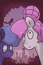 Size: 6331x9472 | Tagged: safe, artist:azulejo, imported from derpibooru, princess celestia, princess luna, earth pony, pony, fanfic:common ground, absurd resolution, city, cover, fanfic, fanfic art, fanfic cover, female, glasses, mare, nerd, pink-mane celestia, race swap, royal sisters, siblings, sisters, text