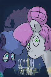 Size: 6331x9472 | Tagged: safe, alternate version, artist:azulejo, imported from derpibooru, princess celestia, princess luna, earth pony, pony, fanfic:common ground, absurd resolution, city, cover, cutie mark, fanfic, fanfic art, fanfic cover, female, glasses, mare, nerd, night, pink-mane celestia, race swap, royal sisters, siblings, sisters, text