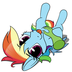 Size: 4800x4800 | Tagged: safe, artist:dacaoo, imported from derpibooru, rainbow dash, oc, oc:anon, human, pegasus, pony, :p, absurd resolution, bellyrubs, disembodied hand, female, hand, human on pony petting, looking at you, lying down, mare, on back, petting, simple background, tongue out, transparent background