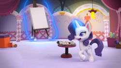 Size: 1920x1080 | Tagged: safe, imported from derpibooru, screencap, rarity, pony, my little pony: stop motion short, rarity's paintful pony portrait, easel, magic, solo, stop motion