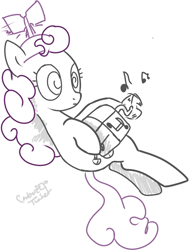 Size: 1112x1472 | Tagged: safe, artist:embertwist, imported from derpibooru, screwball, earth pony, pony, female, hat, mare, music box, music notes, sketch, solo, swirly eyes