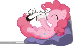 Size: 803x517 | Tagged: safe, artist:embertwist, imported from derpibooru, pinkie pie, earth pony, pony, can, drinking, eyes closed, female, mare, reclining, sipping, solo