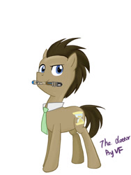 Size: 600x800 | Tagged: safe, artist:veraqq35, imported from derpibooru, doctor whooves, time turner, earth pony, pony, doctor who, male, mouth hold, necktie, simple background, solo, sonic screwdriver, stallion, the doctor, white background