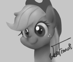 Size: 700x600 | Tagged: safe, artist:veraqq35, imported from derpibooru, applejack, earth pony, pony, bust, cute, female, grayscale, jackabetes, mare, monochrome, smiling, solo