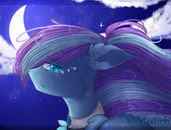 Size: 1916x1453 | Tagged: safe, artist:mediasmile666, imported from derpibooru, oc, oc only, pegasus, pony, bust, choker, crescent moon, female, mare, moon, night, night sky, sky, solo, teary eyes