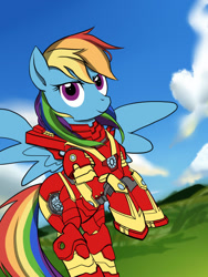 Size: 1050x1400 | Tagged: safe, artist:veraqq35, imported from derpibooru, rainbow dash, pegasus, pony, armor, female, iron man, iron mare, mare, solo