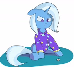 Size: 1411x1268 | Tagged: safe, artist:wevepon3, imported from derpibooru, trixie, pony, unicorn, annoyed, clothes, cup, female, floppy ears, hoodie, mare, sitting, solo, sweatshirt, teacup