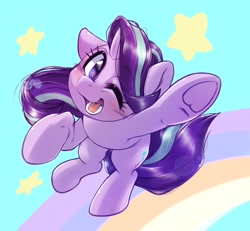 Size: 2048x1891 | Tagged: safe, artist:kurogewapony, imported from derpibooru, starlight glimmer, pony, unicorn, blushing, cute, female, frog (hoof), glimmerbetes, happy, lens flare, looking at you, mare, one eye closed, open mouth, open smile, rainbow, reaching, smiling, smiling at you, solo, underhoof, wink, winking at you