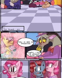 Size: 540x676 | Tagged: safe, artist:cocolove2176, imported from derpibooru, discord, fluttershy, pinkie pie, oc, draconequus, pegasus, pony, unicorn, comic:fluttering chaos, blushing, bowtie, bust, clothes, comic, discoshy, eyes closed, female, headworn microphone, horn, indoors, male, shipping, straight, suit, unicorn oc