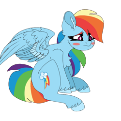 Size: 768x768 | Tagged: safe, artist:moodi, imported from derpibooru, rainbow dash, pegasus, pony, blush sticker, blushing, chest fluff, ear fluff, female, mare, redraw, sad, simple background, sitting, solo, transparent background, unshorn fetlocks, wings