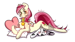 Size: 2521x1417 | Tagged: safe, artist:rasifoo, imported from derpibooru, roseluck, pony, collar, commission, commissioner:doom9454, concave belly, cute, lying down, pet tag, pillow, pony pet, rosepet, slim, thin, toy