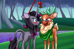 Size: 1800x1200 | Tagged: safe, artist:redahfuhrerking, imported from derpibooru, cashmere (tfh), oleander, classical unicorn, deer, pony, reindeer, unicorn, them's fightin' herds, blushing, cashleander, coat markings, community related, duo, facial markings, female, glasses, holly, holly mistaken for mistletoe, implied lesbian, leonine tail, lesbian, lidded eyes, oleander (tfh), open mouth, shipping, star (coat marking), stick