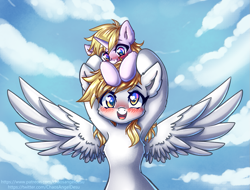 Size: 1317x1000 | Tagged: safe, artist:chaosangeldesu, imported from derpibooru, derpy hooves, dinky hooves, pegasus, pony, unicorn, armpits, blushing, dinky riding derpy, duo, duo female, female, filly, mare, mother and child, mother and daughter, open mouth, open smile, ponies riding ponies, pony hat, riding, smiling, spread wings, wings