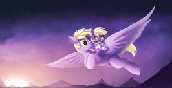Size: 3466x1779 | Tagged: safe, artist:allyster-black, imported from derpibooru, derpy hooves, dinky hooves, pegasus, pony, unicorn, :o, canterlot, clothes, cute, dinky riding derpy, ear tufts, female, flying, goggles, mother and child, mother and daughter, mountain, mountain range, music video, open mouth, ponies riding ponies, riding, scarf, sun, sunset