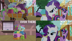 Size: 1280x720 | Tagged: safe, edit, edited screencap, editor:quoterific, imported from derpibooru, screencap, pinkie pie, rarity, spike, twilight sparkle, alicorn, dragon, pony, unicorn, rarity takes manehattan, season 4, female, friendship express, luggage, male, mare, open mouth, stallion, twilight is not amused, twilight sparkle (alicorn), twilight sparkle is not amused, unamused