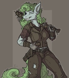 Size: 721x817 | Tagged: safe, artist:alexandrys, imported from derpibooru, anthro, earth pony, cigarette, fallout, female, solo, weapon