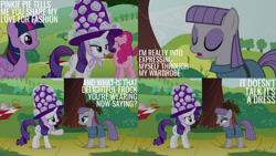 Size: 1280x720 | Tagged: safe, edit, edited screencap, editor:quoterific, imported from derpibooru, screencap, maud pie, pinkie pie, rarity, twilight sparkle, alicorn, earth pony, pony, unicorn, maud pie (episode), ^^, eyes closed, female, hat, mare, open mouth, tree, twilight sparkle (alicorn)