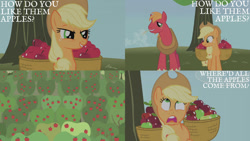 Size: 1280x720 | Tagged: safe, edit, edited screencap, editor:quoterific, imported from derpibooru, screencap, applejack, big macintosh, earth pony, pony, applebuck season, season 1, apple, applejack's hat, cowboy hat, duo, female, food, hat, male, mare, open mouth, stallion, sweet apple acres, tree