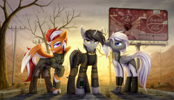 Size: 4000x2307 | Tagged: safe, artist:setharu, imported from derpibooru, oc, oc only, oc:darius, oc:eleftheria, oc:stellar phoenix, hippogriff, pegasus, pony, unicorn, fallout equestria, billboard, enclave, fallout, grand pegasus enclave, grass, horn, mountain, ncr ranger, pipbuck, road, rock, sparkle cola, spots, tree, wings