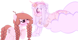 Size: 3653x1876 | Tagged: safe, artist:rerorir, imported from derpibooru, oc, oc only, earth pony, pony, unicorn, cloud, donut, female, food, mare, simple background, white background