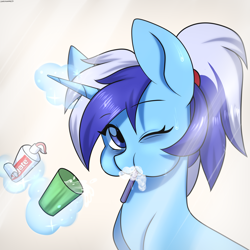 Size: 1800x1800 | Tagged: safe, artist:chickenbrony, artist:cottonaime, imported from derpibooru, minuette, pony, unicorn, alternate hairstyle, brushing teeth, cup, female, glowing horn, horn, looking at you, magic, mare, one eye closed, ponytail, solo, toothbrush, toothpaste