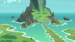 Size: 1280x720 | Tagged: safe, imported from derpibooru, screencap, surf and/or turf, background, causeway, cloud, friendship express, mount aris, mountain, no pony, ocean, scenery, scenic ponyville, sky, train, train tracks