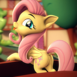 Size: 2160x2160 | Tagged: safe, artist:psfmer, imported from derpibooru, fluttershy, pegasus, pony, 3d, :p, bridge, butt, cute, daaaaaaaaaaaw, dock, female, flutterbutt, high res, looking at you, looking back, looking back at you, mare, plot, ponyville, revamped ponies, shyabetes, smiling, solo, source filmmaker, tongue out, tree, unshorn fetlocks