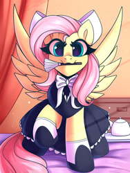 Size: 1500x2000 | Tagged: safe, artist:shadowreindeer, imported from derpibooru, fluttershy, oc, oc:anon, pegasus, pony, bed, bow, clothes, cute, duster, female, fluttermaid, hair bow, looking at you, maid, mare, morning ponies, mouth hold, on bed, shyabetes, solo