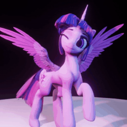 Size: 1042x1042 | Tagged: safe, artist:valiant studios, imported from derpibooru, twilight sparkle, oc, oc:twilight (dimensional shift), alicorn, pony, 3d, animated, blender, dimensional shift, no sound, one eye closed, solo, spread wings, turnaround, turntable, twilight sparkle (alicorn), vs twi, webm, wings