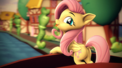 Size: 3840x2160 | Tagged: safe, alternate version, artist:psfmer, imported from derpibooru, fluttershy, pegasus, pony, 3d, :p, bridge, butt, cute, daaaaaaaaaaaw, dock, flutterbutt, high res, house, leaning, looking at you, looking back, looking back at you, plot, ponyville, revamped ponies, river, shrub, shyabetes, solo, source filmmaker, tongue out, tree, unshorn fetlocks