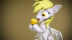 Size: 3840x2160 | Tagged: safe, artist:psfmer, imported from derpibooru, derpy hooves, pegasus, pony, 3d, abstract background, cute, derpabetes, excited, eyelashes, food, high res, muffin, revamped ponies, solo, source filmmaker, that pony sure does love muffins, wings, wings down