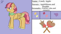 Size: 1280x720 | Tagged: safe, artist:schumette14, imported from derpibooru, oc, oc:candy apple, pegasus, pony, apple, female, first design, food, mare, offspring, parent:apple bloom, parent:applebloom, parent:rumble, parents:rumbloom, pegsaus