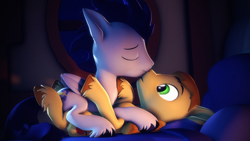 Size: 3840x2160 | Tagged: safe, artist:psfmer, imported from derpibooru, braeburn, soarin', earth pony, pegasus, 3d, bed, dark room, eyes closed, floppy ears, gay, high res, kissing, male, missing accessory, on top, revamped ponies, shipping, soarburn, source filmmaker, unshorn fetlocks